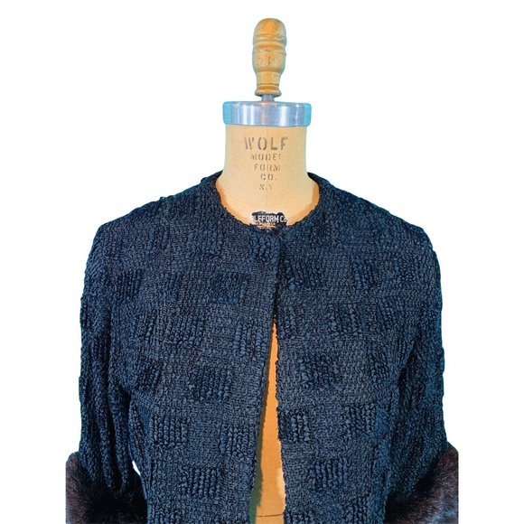 Vintage 50s Black Jacket Womens Small Ribbon Top Black Brown Fur Evening Top - Picture 3 of 10